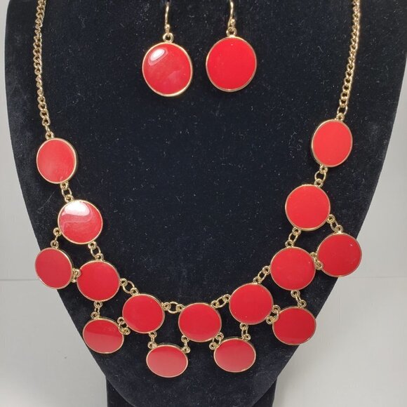 Stylish Gold-tone Red Flat Round Discs Necklace & Matching Earrings Set Women's - Picture 5 of 8